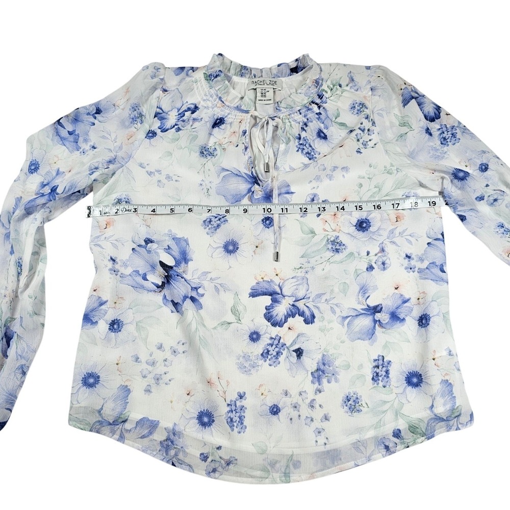 Rachel Zoe XS Floral Blouse Sheer Long Balloon Sleeve Ruffle Neck Tie Top Nwot - Picture 5 of 9